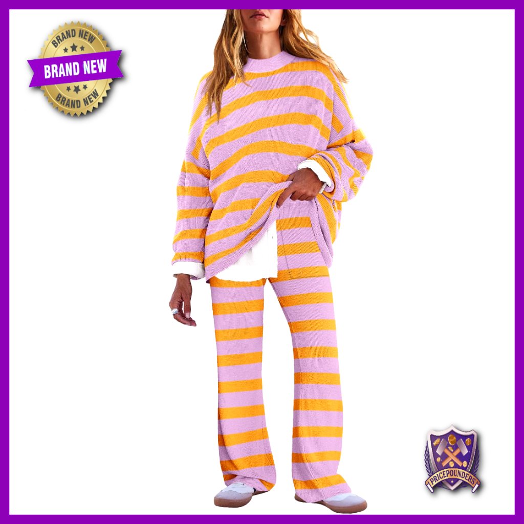 Oversized Lounge Set Striped Sweater Pajama 2 Piece Top Pants Pockets